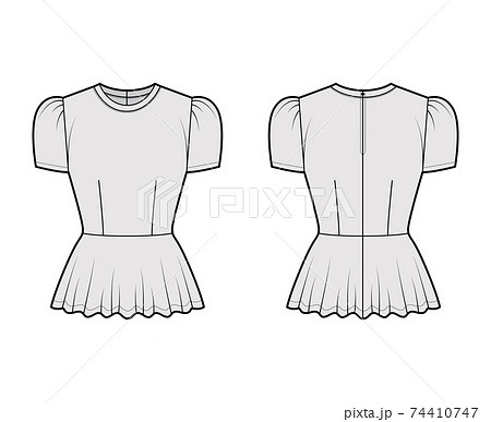 Peplum blouse technical fashion illustration with puff short cap sleeves, scoop neck, fitted body. Flat apparel shirt Peplum blouse technical fashion illustration with puff short cap sleeves, scoop neck, fitted body. Flat apparel shirt 74410747