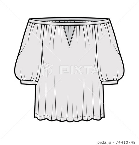 Off-the-shoulder blouse Bardot technical fashion illustration with bouffant elbow sleeves, oversized. Flat apparel Off-the-shoulder blouse Bardot technical fashion illustration with bouffant elbow sleeves, oversized. Flat apparel 74410748