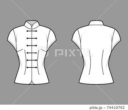 Mandarin blouse technical fashion illustration with cap sleeves, stand neck, fitted body, Frog closure. Flat Chinese  74410762