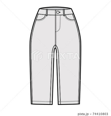 Denim short pants technical fashion illustration with knee length, normal waist, high rise, curved, angled 5 pockets 74410803
