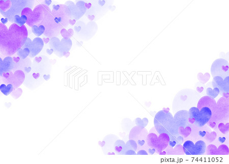 ハート素材 大小の紫色水彩ハートが左右斜め上下から湧き上がるフレーム 横 枠内白 他色有り ハート素材 大小の紫色水彩ハートが左右斜め上下から湧き上がるフレーム 横 枠内白 他色有り 74411052