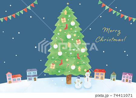 クリスマスの街並みと大きいクリスマスツリーのグリーティングカードイラストのイラスト素材