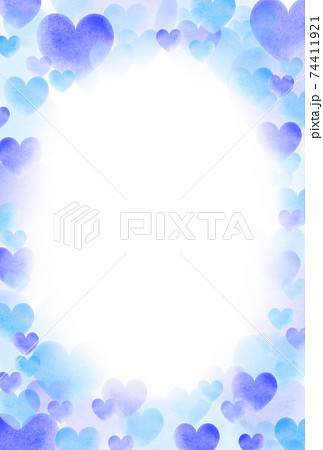 ホワイトデー素材 大中小の青色水彩ハートで作られた楕円フレーム 縦 枠内白 他色有りのイラスト素材