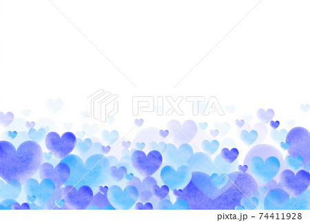 ホワイトデー素材 大中小の青/紫色系水彩ハートが下から湧き上がるイメージ 横 背景白 他色有り 74411928