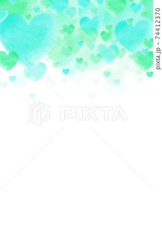 ホワイトデー素材 水彩の緑 水色系ハートが上に湧き上がるイメージ 縦 背景白 他色有りのイラスト素材