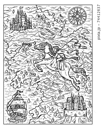 Black and white marine illustration of old map with rider, compass, sailboat and fantasy land with islands. Vector nautical drawings, adventure concept, coloring book page, t-shirt graphic  74412637