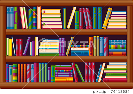 Bookcase in the library. Bestseller bookshop in cartoon style. Vector illustration 74412684