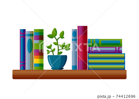 Shelf with books and potted plant. Books in cartoon style. Vector illustration 74412696
