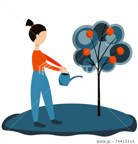 Young woman gardener avatar character. Profile of a cute beautiful girl with watering can. Lady cares about the orange tree in the garden. A woman poured them water. Flat vector illustration. 74413314