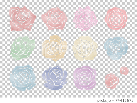 【手描きベクターイラスト素材】ステンシル風薔薇のイラストセット（水彩風テクスチャあり） 74415673
