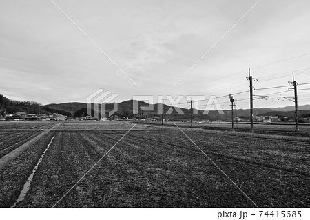 収穫を終えた三田盆地の冬の寒さをモノクロで表現の写真素材