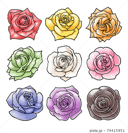 手描きベクターイラスト素材 手描きの薔薇のイラストセット 9色のイラスト素材