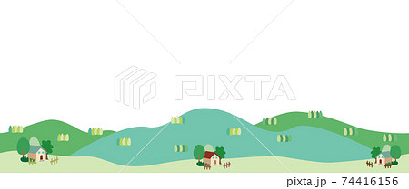 新緑の里山と家々の風景イラストのイラスト素材