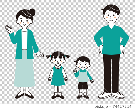 シンプルな4人家族の全身イラスト 白背景のイラスト素材