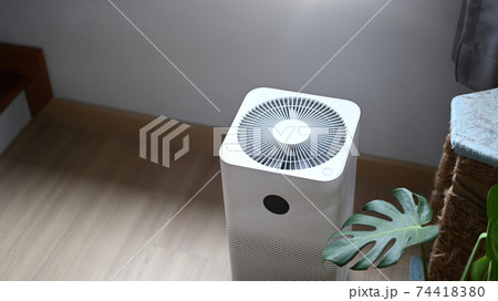 Air purifier in comfortable living room with house plant on the wooden floor. Air purifier in comfortable living room with house plant on the wooden floor. 74418380