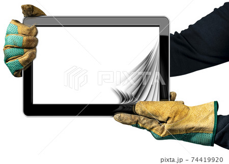 Gloved Hands Showing a Digital Tablet with Curled Blank Pages Gloved Hands Showing a Digital Tablet with Curled Blank Pages 74419920