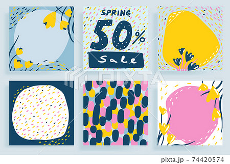 Spring floral pattern for social media posts about discounts. Copy space for text. Set 74420574