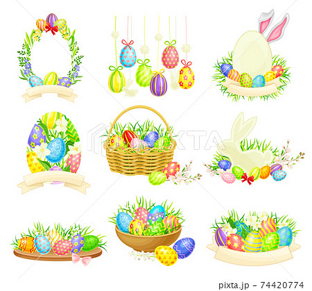 Decorated Easter Eggs or Paschal Eggs Rested in Basket and Grass Nest Vector Arrangement Set Decorated Easter Eggs or Paschal Eggs Rested in Basket and Grass Nest Vector Arrangement Set 74420774