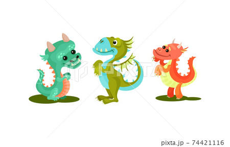 Little Baby Dragons as Fairy Winged Creatures Capable of Breathing Fire Vector Set 74421116