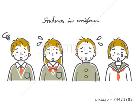 シンプルでかわいい中高生男女の線画イラスト素材セットのイラスト素材