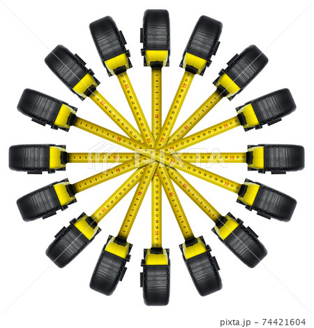 Group of Tape Measures Arranged Radially and Isolated on White Background Group of Tape Measures Arranged Radially and Isolated on White Background 74421604