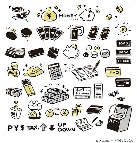 シンプルな手描きのお金アイコンセット(ゴールド) シンプルな手描きのお金アイコンセット(ゴールド) 74421616