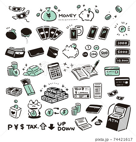 シンプルな手描きのお金アイコンセット グリーン のイラスト素材