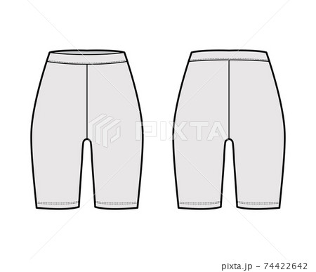 Bike shorts technical fashion illustration with normal waist, rise, thigh length. Flat sport training pants, casual knit 74422642