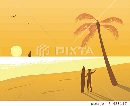 夕日とサーファーのイラスト素材