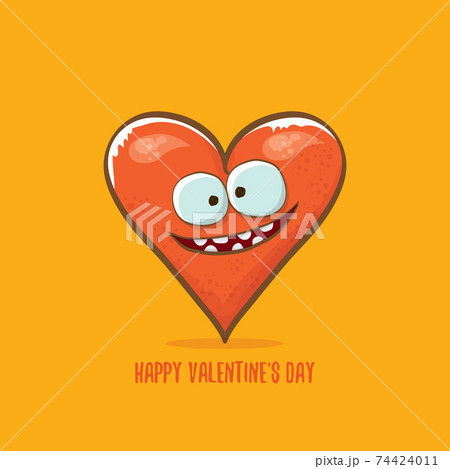 Vector Valentines day greeting card with funny cartoon heart character isolated on orange background. Conceptual valentines day comic funky kids poster or banner 74424011