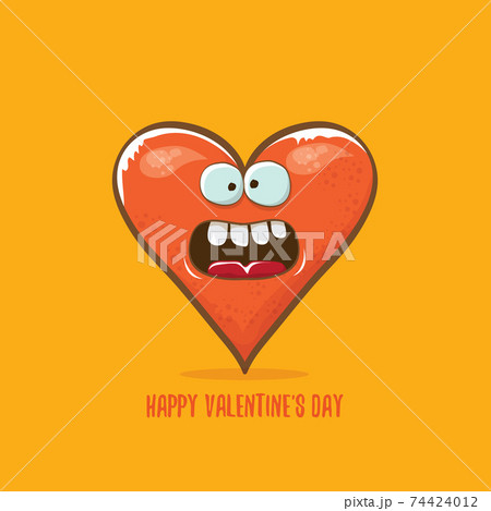Vector Valentines day greeting card with funny cartoon heart character isolated on orange background. Conceptual valentines day comic funky kids poster or banner Vector Valentines day greeting card with funny cartoon heart character isolated on orange background. Conceptual valentines day comic funky kids poster or banner 74424012