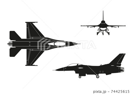 Black silhouette of military aircraft on white background. Top, side, front views. Isolated industrial drawing Black silhouette of military aircraft on white background. Top, side, front views. Isolated industrial drawing 74425615
