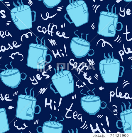 Blue doddle hot drink vector seamless pattern 74425900