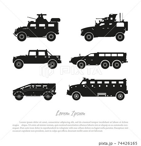 Black Silhouettes Of Military Cars On White のイラスト素材