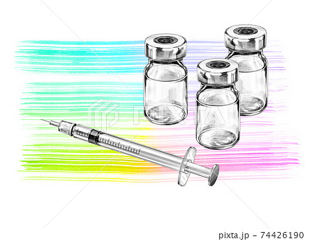 ワクチンと注射器のイラスト 虹色の背景つきのイラスト素材