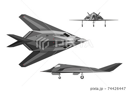 Military stealth aircraft. War plane in three views side, top, front. Jet airplane drawing. Isolated industrial blueprint 74426447