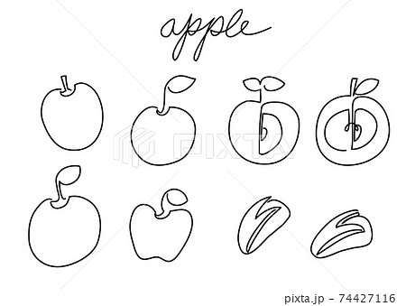一筆書き りんご 白黒 モノクロ りんごウサギ 半分の林檎のイラスト素材