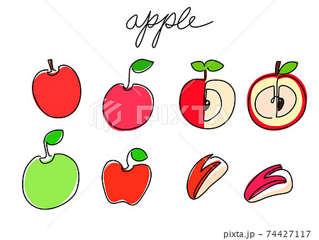 一筆書き りんご カラー りんごウサギ 半分の林檎のイラスト素材