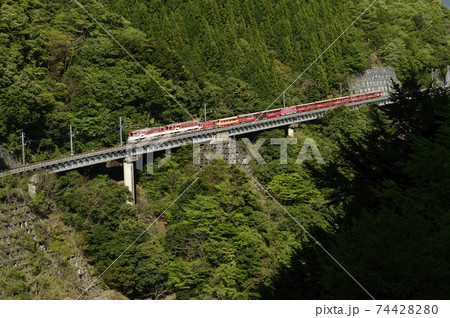 新緑の大井川鐡道井川線のアプト式区間を行くトロッコ列車 74428280