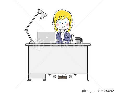デスクでノートパソコン作業をする白人ビジネスウーマンのイラスト 74428692