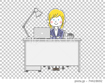 デスクでノートパソコン作業をする白人ビジネスウーマンのイラスト 74428692