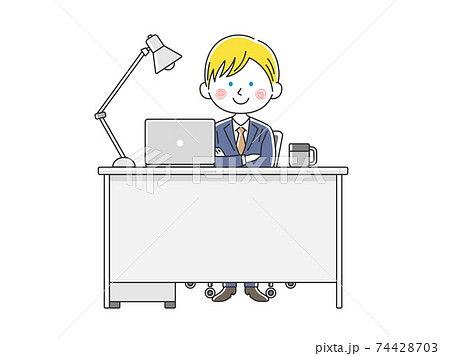 デスクでノートパソコン作業をする白人ビジネスマンのイラストのイラスト素材