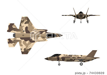 Isolated army airplane. Fighter jet. War plane in flat style. Military aircraft in top, side, front view 74430609
