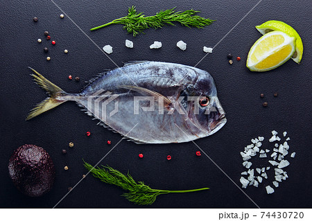 Fresh fish (Vomer or Selene setapinnis ) sea salt, dill,dark pur Fresh fish (Vomer or Selene setapinnis ) sea salt, dill,dark pur 74430720