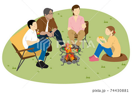 家族で焚き火を囲むキャンプのイラスト素材