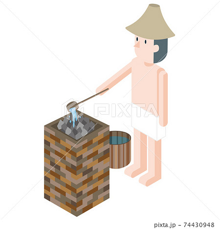 サウナストーンにアロマ水をかける（ロウリュ）サウナハットを被った男性サウナー 74430948