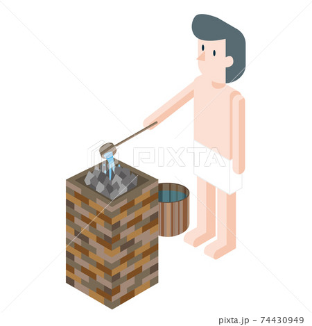 サウナストーンにアロマ水をかける（ロウリュ）男性サウナー 74430949