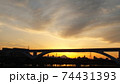 足立区と荒川区を繋ぐ扇大橋を渡る舎人線と富士山と荒川遊園地の観覧車の観える冬の夕暮れの風景　 74431393