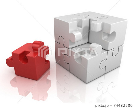 cubical puzzle with one red piece - individuality, solving problem 3d concept 74432506