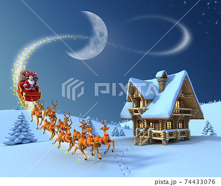 Christmas night scene - Santa Claus rides reindeer sleigh in front of the log house 74433076